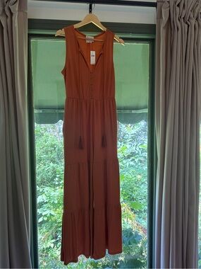 Anthropologie Sleeveless Rust Tiered Jumpsuit with Tassel Tie